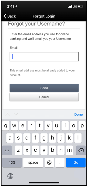 Example screen shot of mobile app Forgot you Username and enter email address screen.